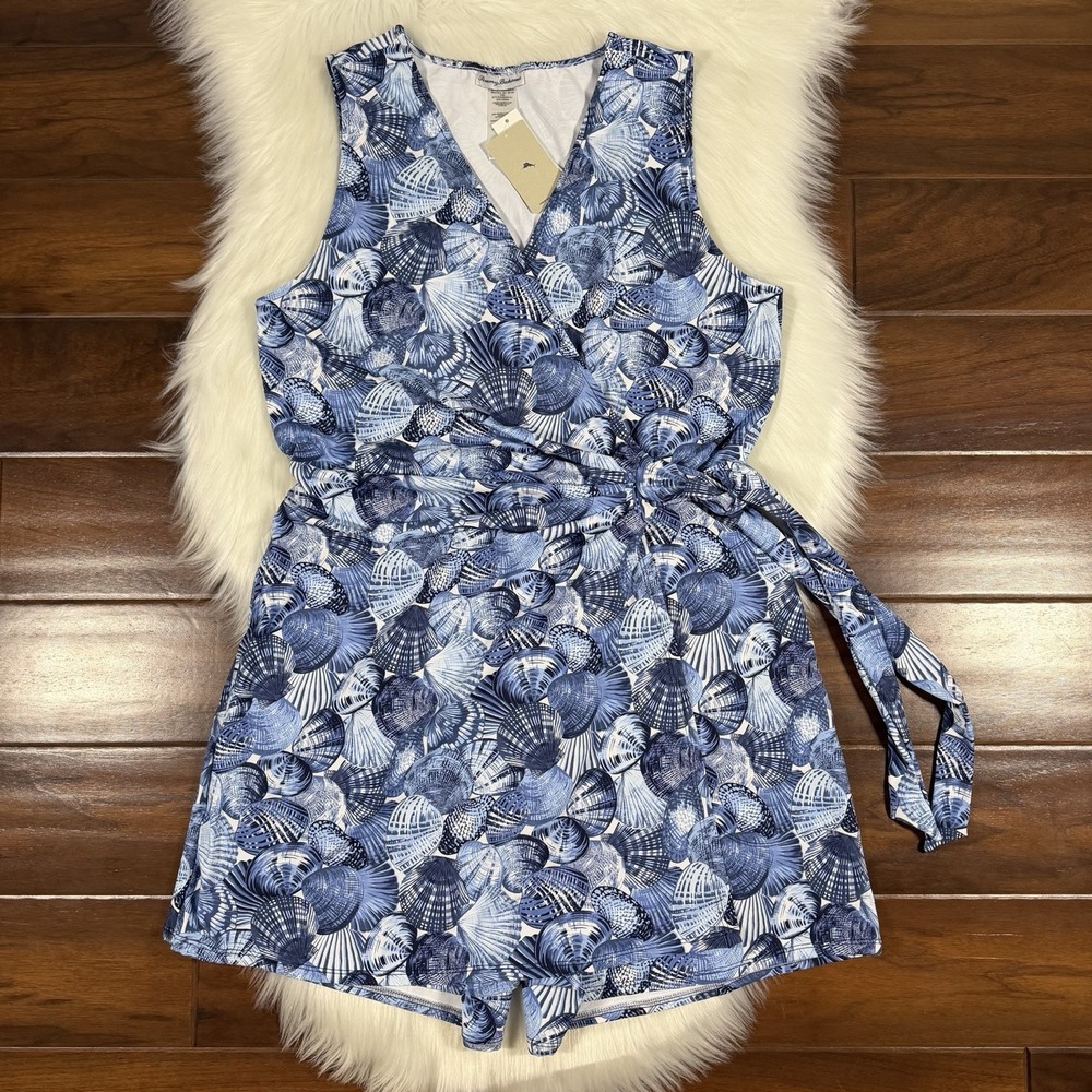 Tommy Bahama Women's Size Large Shell Sanibelle Blues Wrap Romper in Blue Monday